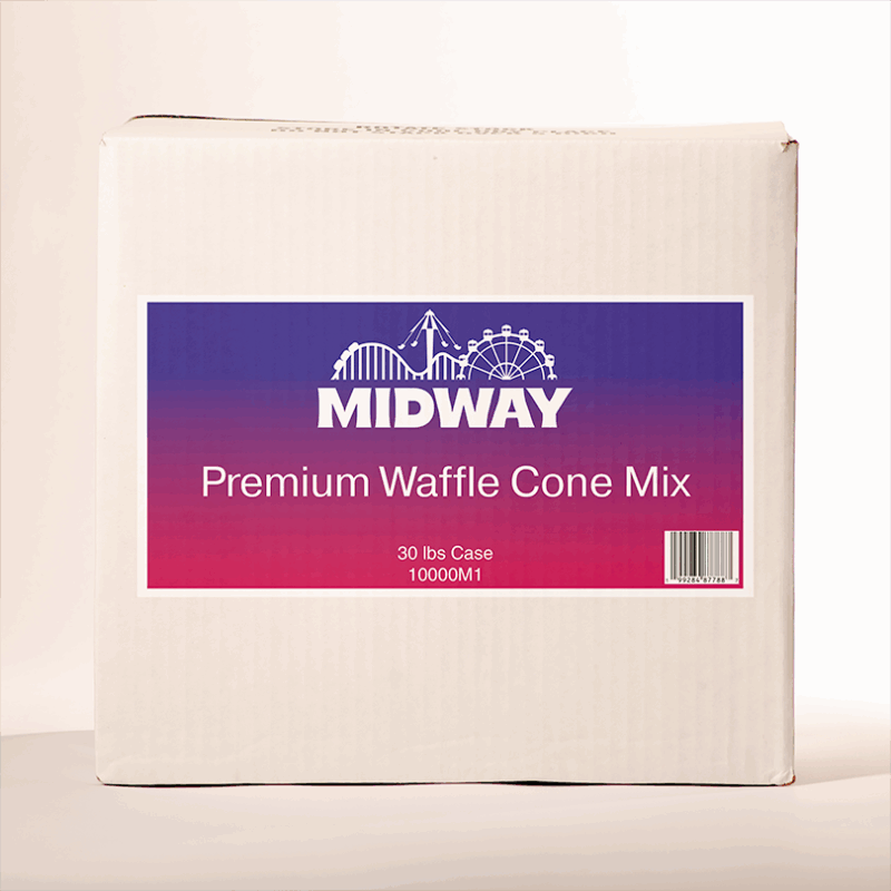 Photo of a 30lb case of Midway Premium Waffle Cone mix