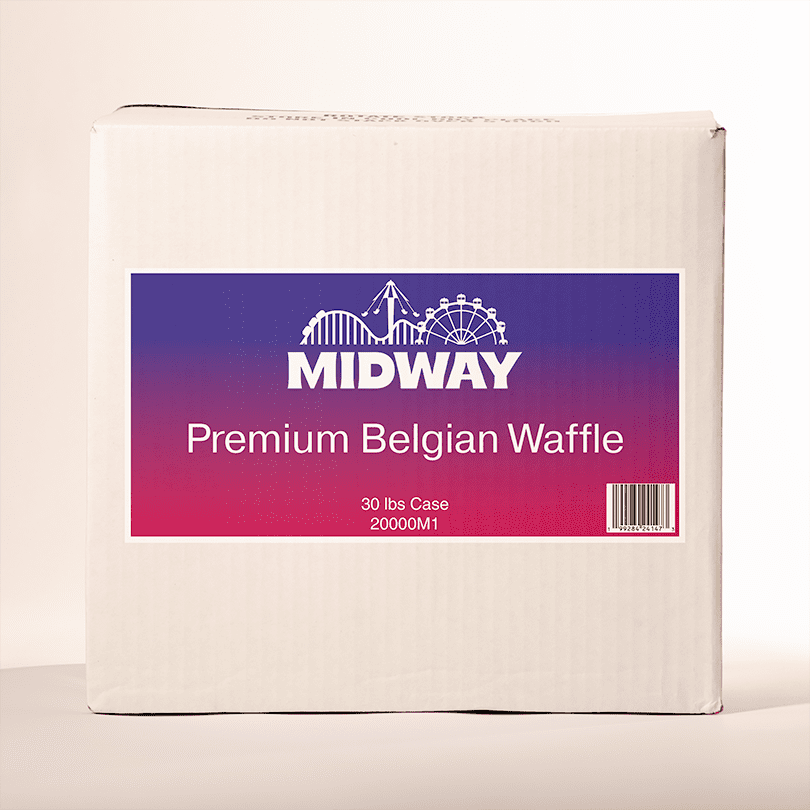 Photo of a 30lb case of Midway Premium Belgian Waffle mix