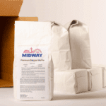 Photo of the contents in a 30lb case of Midway Premium Belgian Waffle mix