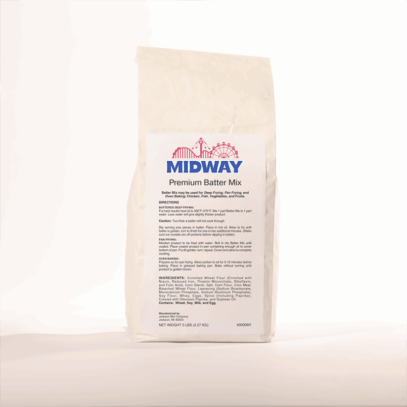 Photo of a 5lb bag of Midway Premium Batter mix