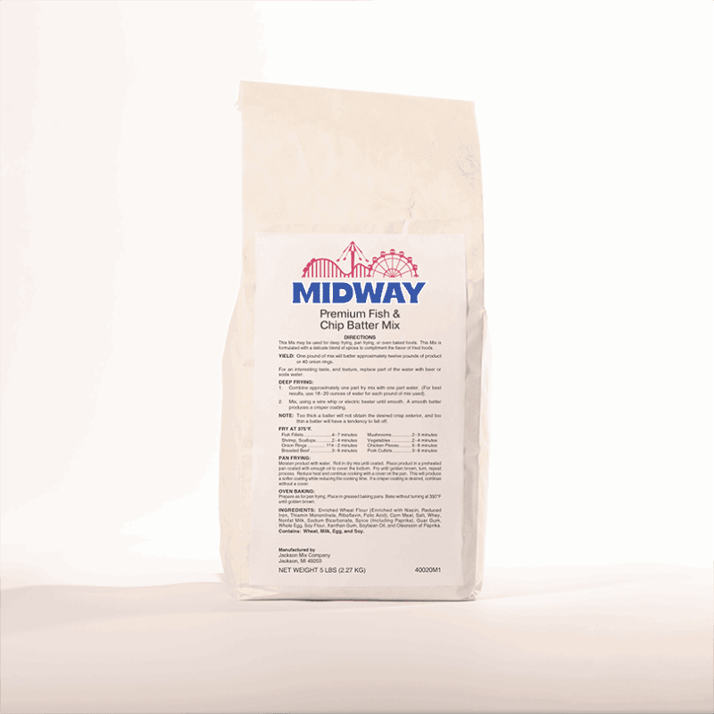 Photo of a 5lb bag of Midway Premium Fish & Chip Batter mix