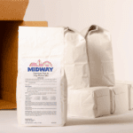 Photo of the contents in a 30lb case of Midway Premium Fish & Chip Batter mix