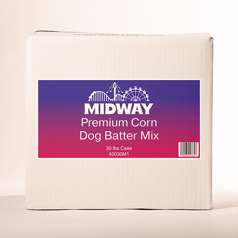 Photo of a 30lb case of Midway Premium Corn Dog Batter mix