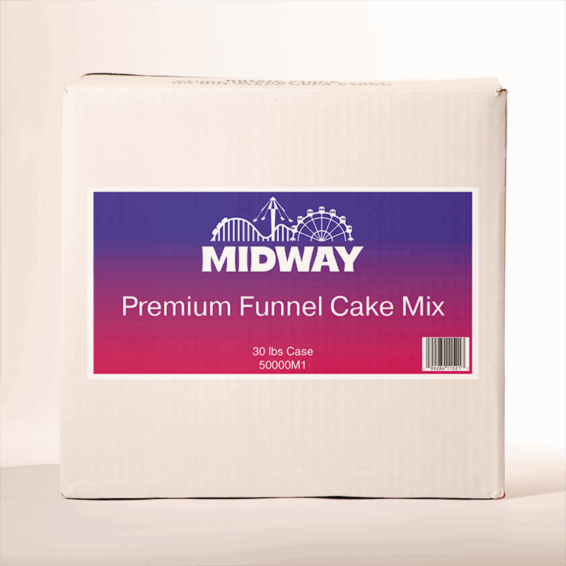 Photo of a 30lb case of Midway Premium Funnel Cake batter mix