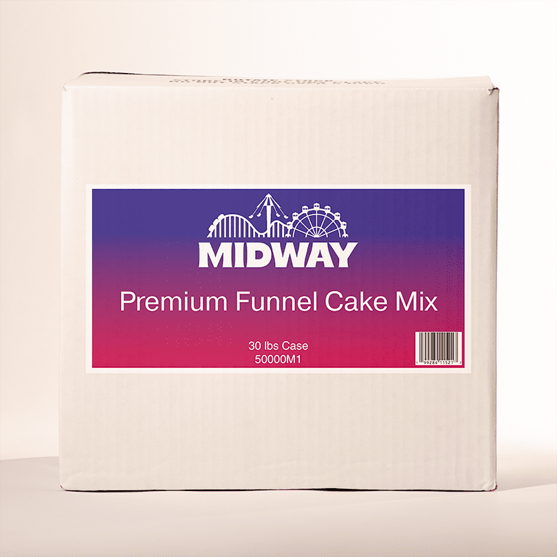 Photo of a 30lb case of Midway Premium Funnel Cake batter mix