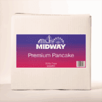 Photo of a 30lb case of Midway Premium Pancake batter mix