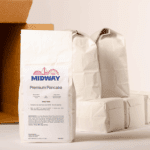 Photo of the contents in a 30lb case of Midway Premium Pancake mix