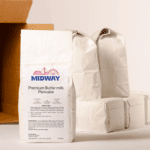 Photo of the contents in a 30lb case of Midway Premium Buttermilk Pancake mix