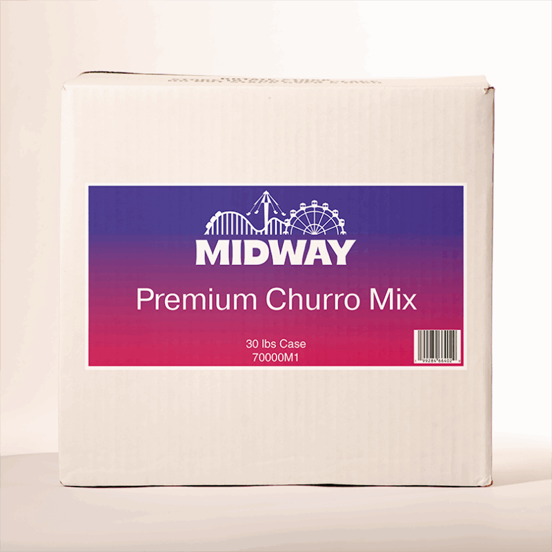 Photo of a 30lb case of Midway Premium Churro mix