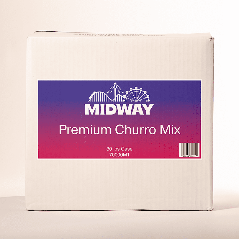Photo of a 30lb case of Midway Premium Churro mix