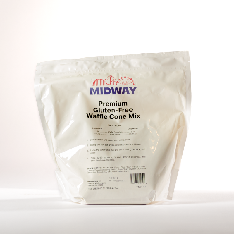Photo of a bag of Midway Premium Gluten-Free Waffle Cone Mix on a white background