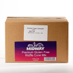 Photo of a case of Midway Premium Gluten-Free Waffle Cone Mix on a white background