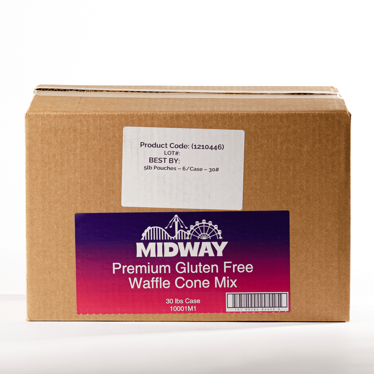 Photo of a case of Midway Premium Gluten-Free Waffle Cone Mix on a white background